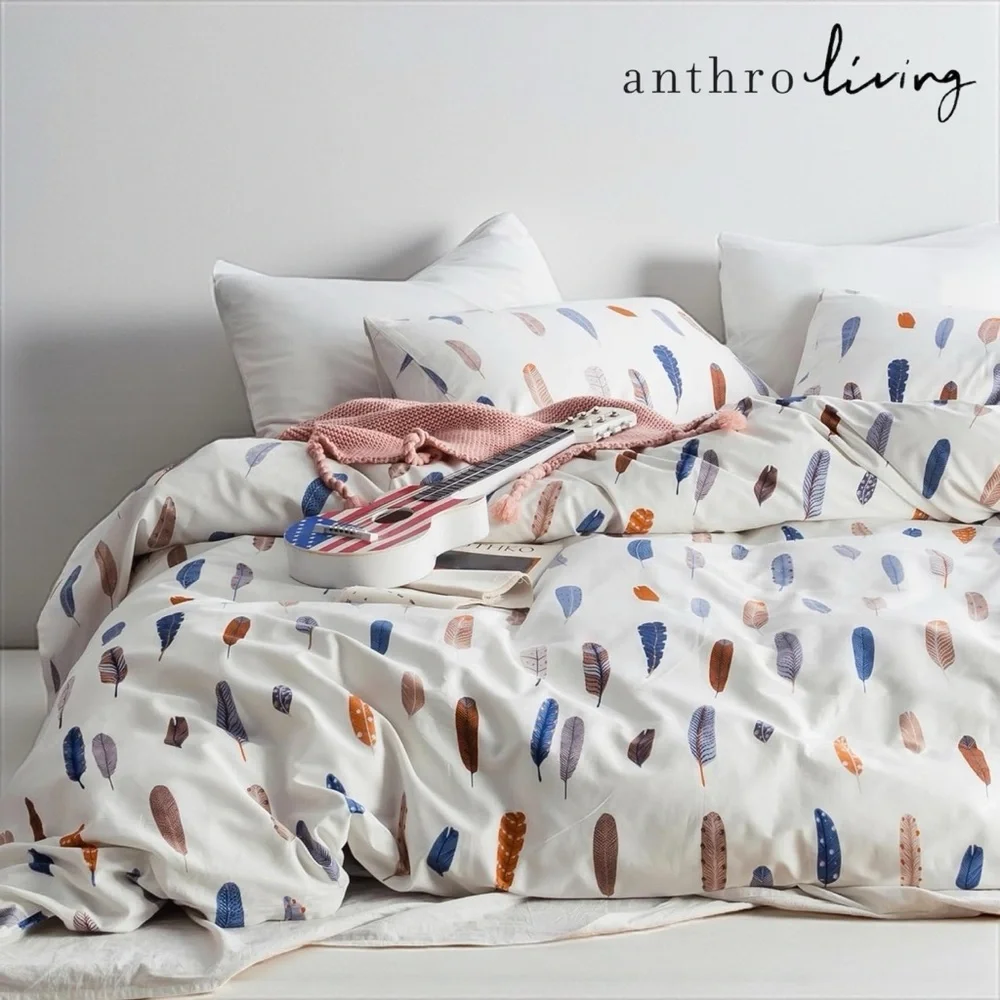 NEW Anthro White Abstract Feather Boho Cotton Queen King Bedding Duvet Sham Set